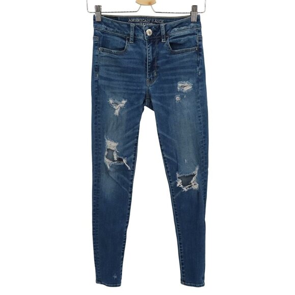 American Eagle Womens 2 Super Stretch Hi Rise Jegging Blue Jeans Distressed - Picture 1 of 14